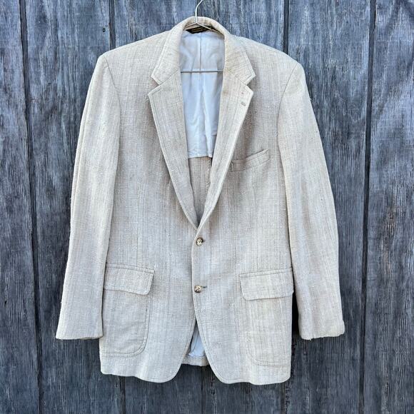 80s Lands' End Charter Collection Rough Tweed Woven Cream Blazer Sport Coat 40L - Picture 1 of 10